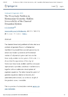 The Three-body Problem in Riemannian Geometry. Hidden Irreversibility of the Classical Dynamical System